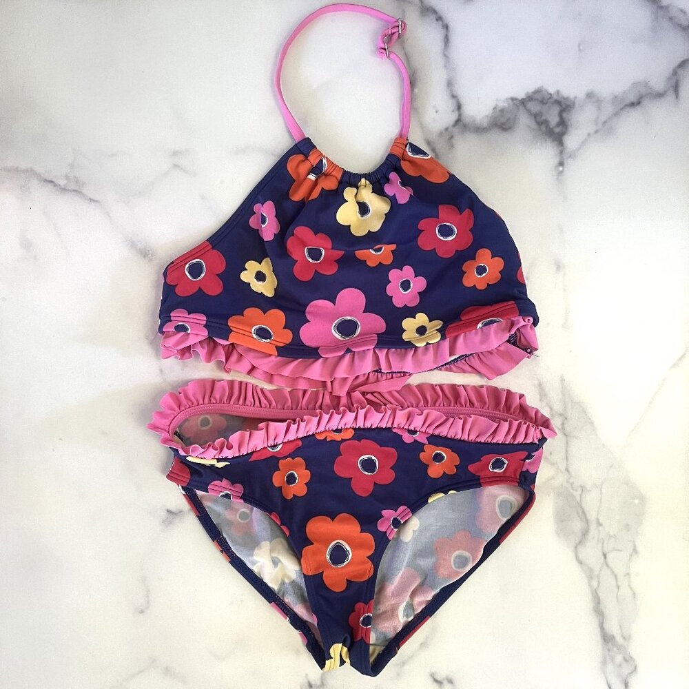 Lands' End Girls' Two Piece Swimsuit, Navy Poppy Print, Size 12